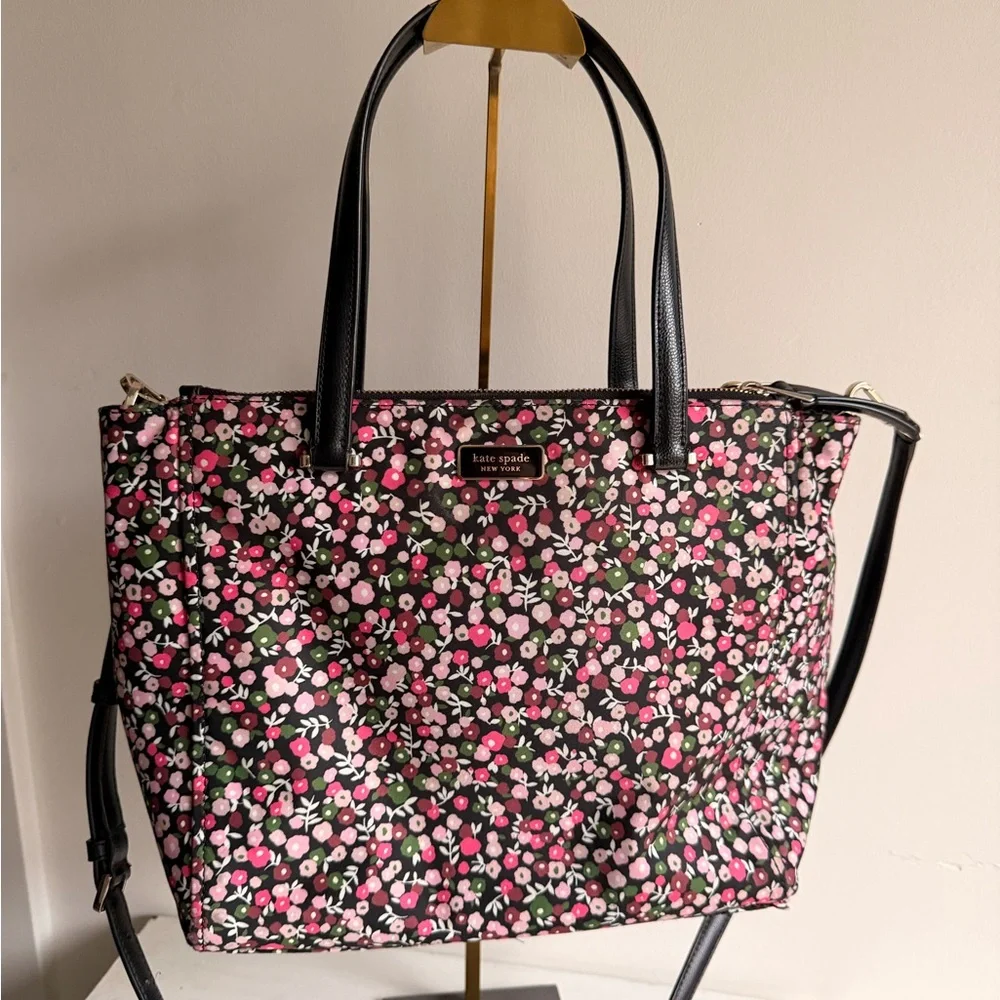 kate spade Black Floral Tote with Pink and White Blossoms and Green Leaves - Picture 1 of 14